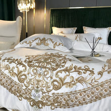 Load image into Gallery viewer, Luxury White 60S Satin Cotton Royal Gold Embroidery 4/5Pcs Bedding Set Soft Smooth Duvet Cover Set Bed Sheet Pillowcases