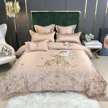 Load image into Gallery viewer, Royal Gold Embroidery 60S Satin Cotton Bedding Set Luxury White Soft Smooth Quilt/Duvet Cover Bedspread Fitted Sheet Pillowcases