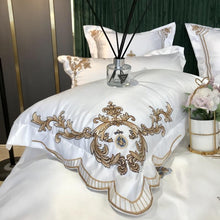 Load image into Gallery viewer, Royal Gold Embroidery 60S Satin Cotton Bedding Set Luxury White Soft Smooth Quilt/Duvet Cover Bedspread Fitted Sheet Pillowcases