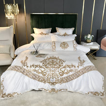 Load image into Gallery viewer, Luxury White 60S Satin Cotton Royal Gold Embroidery 4/5Pcs Bedding Set Soft Smooth Duvet Cover Set Bed Sheet Pillowcases