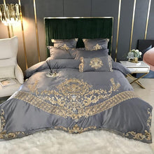 Load image into Gallery viewer, Luxury Royal Gold Embroidery Bedding Set White Satin Duvet Cover Soft Cotton Fitted/Flat Bed Sheet Pillowcases Home Textile
