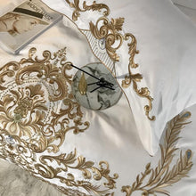 Load image into Gallery viewer, Luxury Royal Gold Embroidery Bedding Set White Satin Duvet Cover Soft Cotton Fitted/Flat Bed Sheet Pillowcases Home Textile