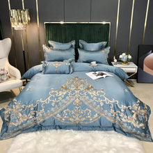 Load image into Gallery viewer, Royal Gold Embroidery 60S Satin Cotton Bedding Set Luxury White Soft Smooth Quilt/Duvet Cover Bedspread Fitted Sheet Pillowcases