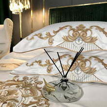 Load image into Gallery viewer, Luxury Royal Gold Embroidery Bedding Set White Satin Duvet Cover Soft Cotton Fitted/Flat Bed Sheet Pillowcases Home Textile