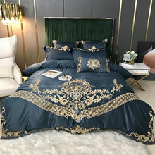 Load image into Gallery viewer, Luxury Royal Gold Embroidery Bedding Set White Satin Duvet Cover Soft Cotton Fitted/Flat Bed Sheet Pillowcases Home Textile