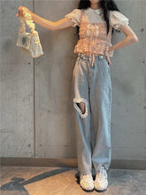 Load image into Gallery viewer, All-match fashion kawaii denim blue loose wide-leg women's jeans high waist heart chain summer thin casual cute casual