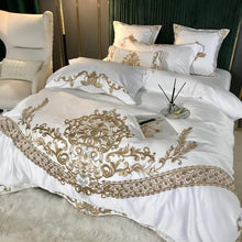 Load image into Gallery viewer, Luxury Royal Gold Embroidery Bedding Set White Satin Duvet Cover Soft Cotton Fitted/Flat Bed Sheet Pillowcases Home Textile