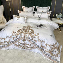 Load image into Gallery viewer, Royal Gold Embroidery 60S Satin Cotton Bedding Set Luxury White Soft Smooth Quilt/Duvet Cover Bedspread Fitted Sheet Pillowcases