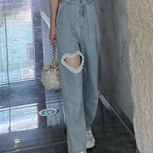 Load image into Gallery viewer, All-match fashion kawaii denim blue loose wide-leg women's jeans high waist heart chain summer thin casual cute casual