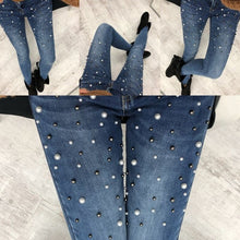 Load image into Gallery viewer, Women Blue Jeans Pants Skinny Pearl Beaded Black Jeans Summer Spring ladies High Waist Zipper Fly Long Denim Casual Mom Jeans