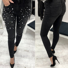 Load image into Gallery viewer, Women Blue Jeans Pants Skinny Pearl Beaded Black Jeans Summer Spring ladies High Waist Zipper Fly Long Denim Casual Mom Jeans