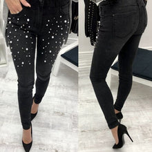 Load image into Gallery viewer, Women Blue Jeans Pants Skinny Pearl Beaded Black Jeans Summer Spring ladies High Waist Zipper Fly Long Denim Casual Mom Jeans
