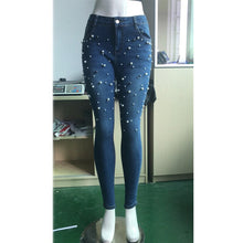 Load image into Gallery viewer, Women Blue Jeans Pants Skinny Pearl Beaded Black Jeans Summer Spring ladies High Waist Zipper Fly Long Denim Casual Mom Jeans