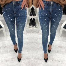 Load image into Gallery viewer, Women Blue Jeans Pants Skinny Pearl Beaded Black Jeans Summer Spring ladies High Waist Zipper Fly Long Denim Casual Mom Jeans