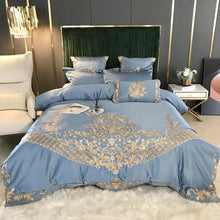 Load image into Gallery viewer, Luxury Royal Gold Embroidery Bedding Set White Satin Duvet Cover Soft Cotton Fitted/Flat Bed Sheet Pillowcases Home Textile