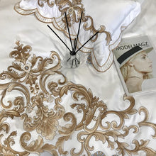Load image into Gallery viewer, Royal Gold Embroidery 60S Satin Cotton Bedding Set Luxury White Soft Smooth Quilt/Duvet Cover Bedspread Fitted Sheet Pillowcases