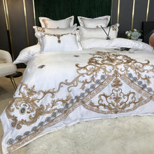 Load image into Gallery viewer, Royal Gold Embroidery 60S Satin Cotton Bedding Set Luxury White Soft Smooth Quilt/Duvet Cover Bedspread Fitted Sheet Pillowcases
