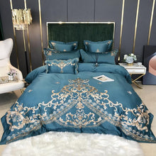 Load image into Gallery viewer, Royal Gold Embroidery 60S Satin Cotton Bedding Set Luxury White Soft Smooth Quilt/Duvet Cover Bedspread Fitted Sheet Pillowcases