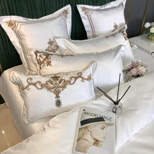 Load image into Gallery viewer, Royal Gold Embroidery 60S Satin Cotton Bedding Set Luxury White Soft Smooth Quilt/Duvet Cover Bedspread Fitted Sheet Pillowcases