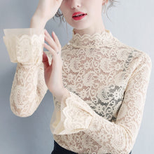 Load image into Gallery viewer, Sexy Transparent Long Sleeve Top Women 2023 Fashion Autumn Winter Basic Lace Blouses White Black Hollow Blusas Mujer Oversized