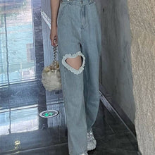 Load image into Gallery viewer, All-match fashion kawaii denim blue loose wide-leg women's jeans high waist heart chain summer thin casual cute casual