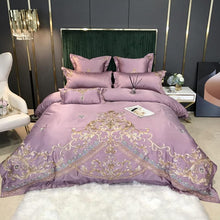 Load image into Gallery viewer, Royal Gold Embroidery 60S Satin Cotton Bedding Set Luxury White Soft Smooth Quilt/Duvet Cover Bedspread Fitted Sheet Pillowcases