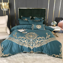 Load image into Gallery viewer, Luxury Royal Gold Embroidery Bedding Set White Satin Duvet Cover Soft Cotton Fitted/Flat Bed Sheet Pillowcases Home Textile