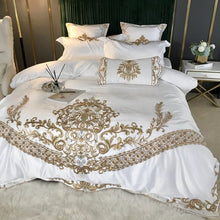 Load image into Gallery viewer, Luxury White 60S Satin Cotton Royal Gold Embroidery 4/5Pcs Bedding Set Soft Smooth Duvet Cover Set Bed Sheet Pillowcases