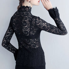 Load image into Gallery viewer, Sexy Transparent Long Sleeve Top Women 2023 Fashion Autumn Winter Basic Lace Blouses White Black Hollow Blusas Mujer Oversized