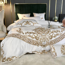 Load image into Gallery viewer, Luxury Royal Gold Embroidery Bedding Set White Satin Duvet Cover Soft Cotton Fitted/Flat Bed Sheet Pillowcases Home Textile