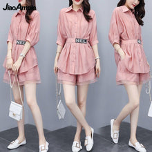 Load image into Gallery viewer, 2022 Summer New Casual Shirt Top + Mid-length Wide-leg Shorts Two-piece Women's Korean Elegant Blouse Pants Suit Female Clothing