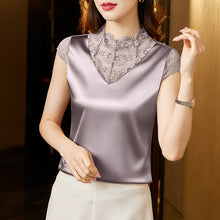 Load image into Gallery viewer, M-4XL Elegant Short sleeve Lace Shirt Fashion Patchwork Silk Satin Tank Top Summer Casual Women Blouse