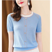 Load image into Gallery viewer, Fashion O-Neck Knitted Button Loose Korean Blouse Women's Clothing 2023 Summer New Casual Pullovers Short Sleeve Commute Shirt