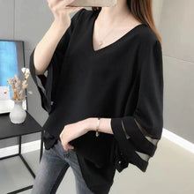Load image into Gallery viewer, 2022 Summer Solid V-neck Mesh Patchwork Loose Casual Shirt Top Women Half Sleeve Oversized Fashion Blusa Simple Pullover Blouse