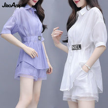 Load image into Gallery viewer, 2022 Summer New Casual Shirt Top + Mid-length Wide-leg Shorts Two-piece Women's Korean Elegant Blouse Pants Suit Female Clothing