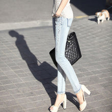 Load image into Gallery viewer, 2023 New Korean Fashion Rhinestone Pants Woman Diamond Drilled Hole Jeans Woman Pencil Pants Women Jeans Ripped Denim Trousers