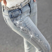 Load image into Gallery viewer, 2023 New Korean Fashion Rhinestone Pants Woman Diamond Drilled Hole Jeans Woman Pencil Pants Women Jeans Ripped Denim Trousers