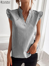 Load image into Gallery viewer, 2023 ZANZEA Women Stripe Printed V-Neck Shirt New Fashion Sleeveless Blouse Bohemian Ruffles Chemise Female Casual Holiday Tops