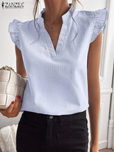 Load image into Gallery viewer, 2023 ZANZEA Women Stripe Printed V-Neck Shirt New Fashion Sleeveless Blouse Bohemian Ruffles Chemise Female Casual Holiday Tops