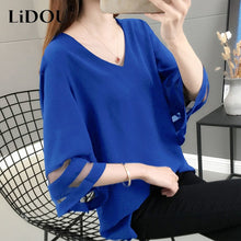 Load image into Gallery viewer, 2022 Summer Solid V-neck Mesh Patchwork Loose Casual Shirt Top Women Half Sleeve Oversized Fashion Blusa Simple Pullover Blouse