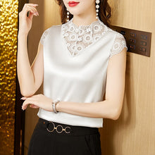 Load image into Gallery viewer, M-4XL Elegant Short sleeve Lace Shirt Fashion Patchwork Silk Satin Tank Top Summer Casual Women Blouse