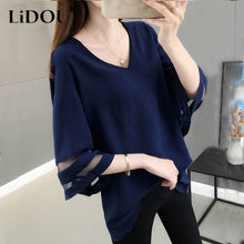 Load image into Gallery viewer, 2022 Summer Solid V-neck Mesh Patchwork Loose Casual Shirt Top Women Half Sleeve Oversized Fashion Blusa Simple Pullover Blouse