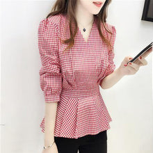 Load image into Gallery viewer, Korean Fashion Ruffles Folds Lattice Blouse Woman 2022 Summer New Casual Commute All-match V-Neck 3/4 Sleeve Pullover Shirts