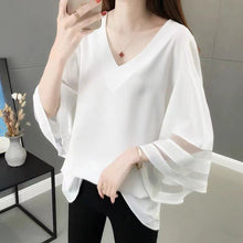 Load image into Gallery viewer, 2022 Summer Solid V-neck Mesh Patchwork Loose Casual Shirt Top Women Half Sleeve Oversized Fashion Blusa Simple Pullover Blouse