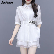 Load image into Gallery viewer, 2022 Summer New Casual Shirt Top + Mid-length Wide-leg Shorts Two-piece Women's Korean Elegant Blouse Pants Suit Female Clothing