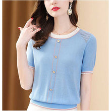 Load image into Gallery viewer, Fashion O-Neck Knitted Button Loose Korean Blouse Women's Clothing 2023 Summer New Casual Pullovers Short Sleeve Commute Shirt