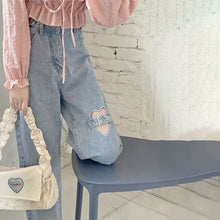 Load image into Gallery viewer, All-match fashion kawaii denim blue loose wide-leg women's jeans high waist heart chain summer thin casual cute casual