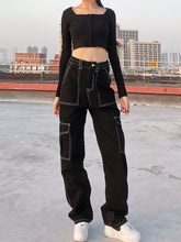 Load image into Gallery viewer, HEYounGIRL White Thread Black Cotton Jeans Women Casual Loose Straight Long Trousers Ladies Harajuku Punk Fashion Pants Capris