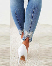 Load image into Gallery viewer, Pants for Woman 2023 New Rhinestone Beaded Butterfly Pattern Split Hem Skinny Jeans Without Belt All-Match Denim Trousers