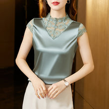 Load image into Gallery viewer, M-4XL Elegant Short sleeve Lace Shirt Fashion Patchwork Silk Satin Tank Top Summer Casual Women Blouse
